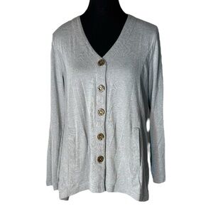 DG SIMPLI ZEN Pinstriped Button Up Cardigan Twig Grey Organic Cotton Size Medium